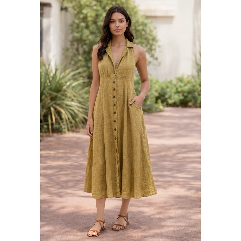 Free People Isola Mustard Yellow‎ Textured  Button Front Open Back Midi Dress S